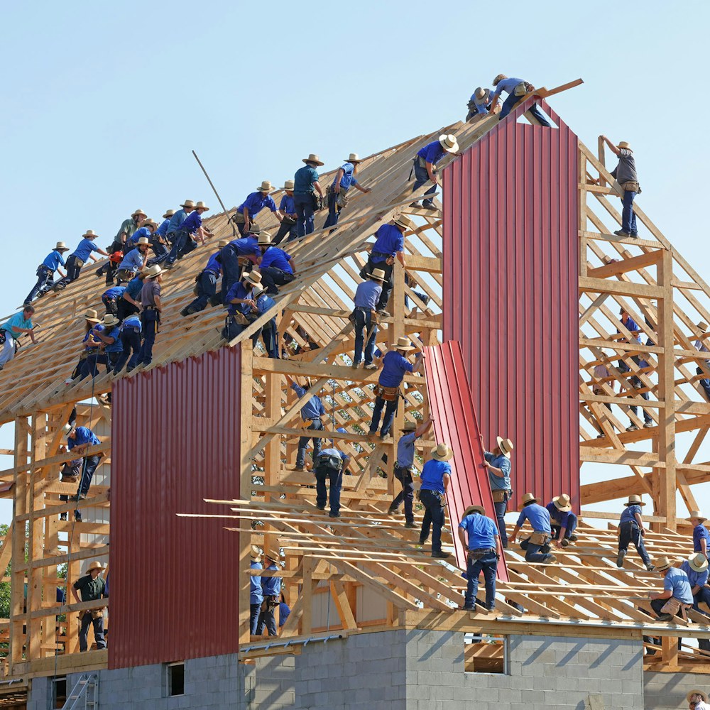 Roofing team building a new timber roof structure